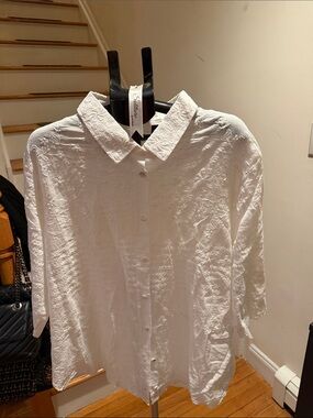 Solitaire White Embroidered Cotton Button-Up Blouse 3/4 sleeve Size 1X NWT